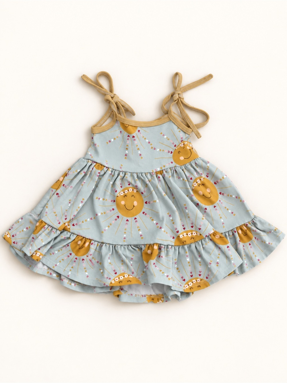 Sunshine Print Tie-Strap Ruffle Dress - Blue & Mustard
